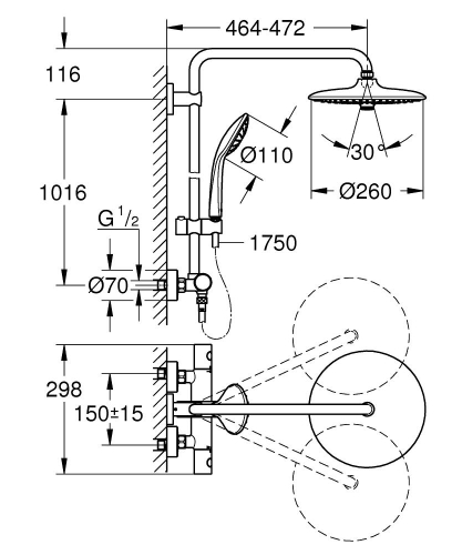 Grohe Euphoria System 260 Duvara Monte Termostatik Bataryalı Duş Sistemi 27296002 - Thumbnail
