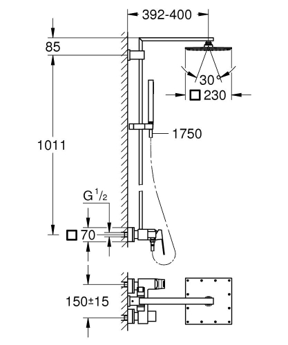 Grohe Eurocube Tepe Duşlu Duş Bataryası Krom - 23147001 - Thumbnail