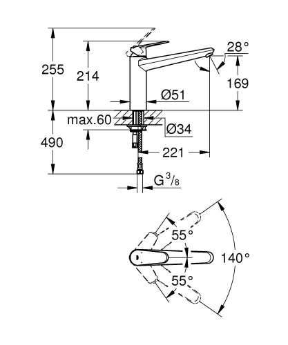 Grohe Eviye Bataryası Döner Borulu Eurodisc Krom - 33770002 - 2