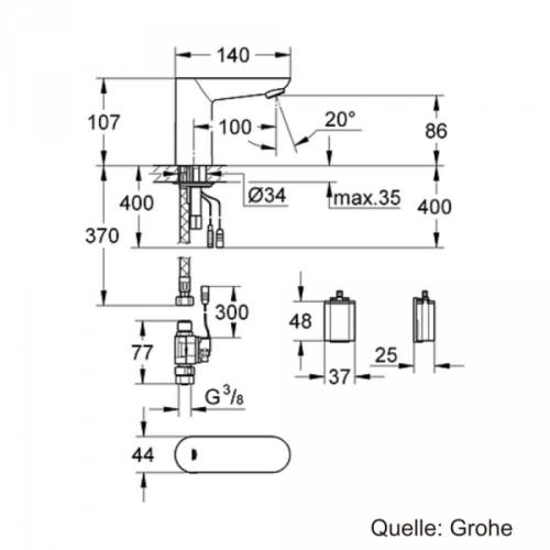 Grohe Fotoselli Lavabo Bataryası Pilli tek su girişli 36271000 - 2