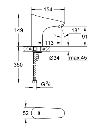 Grohe Europlus E Fotoselli Lavabo Bataryası, Tek Su Girişli Pilli - 36208001 - 2