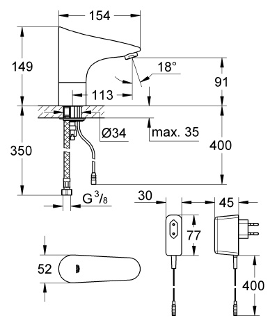 Grohe Fotoselli Lavabo Bataryası Elektrikli Tek Su Giriş 36016001 - 2