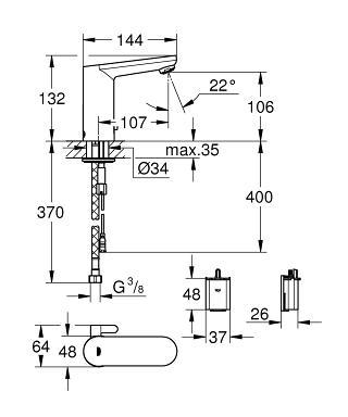 Grohe Eurosmart Cosmopolitan E Fotoselli Lavabo Bataryası, Çift Su Girişli Pilli - 36327001 - 3