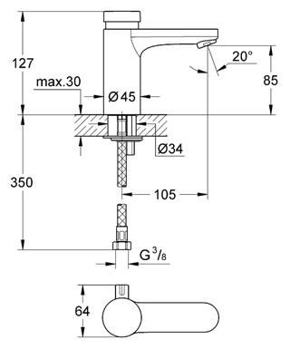 Grohe Eurosmart Cosmopolitan T Zaman Ayarlı Lavabo Bataryası, Çift Su Girişli - 36317000 - 2