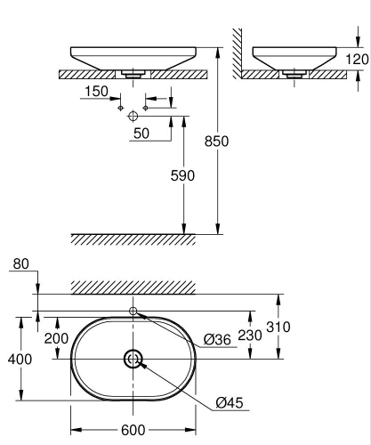 Grohe Airio Çanak Lavabo Beyaz 600x400 mm – 3996600H - Thumbnail