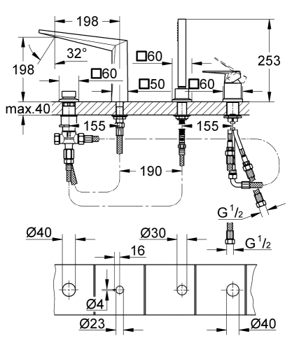 Grohe Allure Brilliant Dört Delikli Küvet Bataryası - 19787001 - Thumbnail