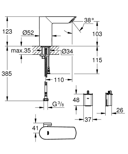 Grohe Bau Cosmo. E Fotoselli, Çift Su Girişli Lavabo Musluğu Pilli-36451000 - 2