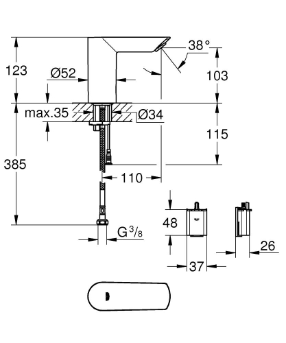 Grohe Bau Cosmo. E Fotoselli, Tek Su Girişli Lavabo Musluğu Pilli-36452000 - Thumbnail