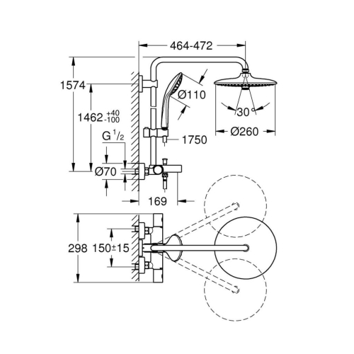 Grohe Duvara Monte Termostatik Banyo Bataryalı Duş Sistemi - 27475002 - Thumbnail