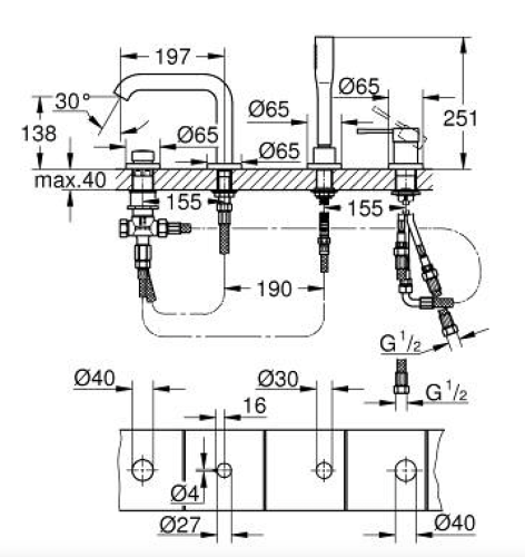 Grohe Essence 4 Delikli Küvet Bataryası Brushed Hard Graphite - 25251AL1 - Thumbnail