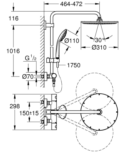 Grohe Euphoria System 310 Duvara Monte Termostatik Bataryalı Duş Sistemi-26075000 - Thumbnail