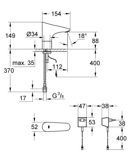 Grohe Fotoselli Lavabo Bataryası Elektrikli Tek Su Giriş 36016001 - 2