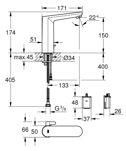 Grohe Eurosmart Cosmo. Fotoselli Lavabo Bataryası, Çift Su Girişli, Pilli Krom -36422001 - Thumbnail