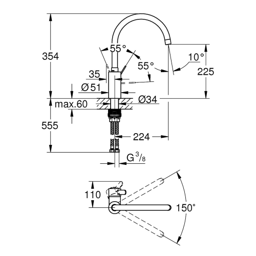 Grohe Eviye Bataryası Döner Borulu Eurosmart Cosmo Krom- 32843002 - 3