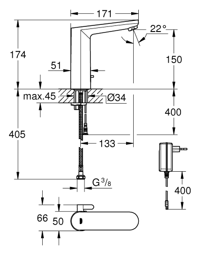 Grohe Fotoselli Lavabo Bataryası Elektrikli Çift Su Giriş - 36421001 - Thumbnail