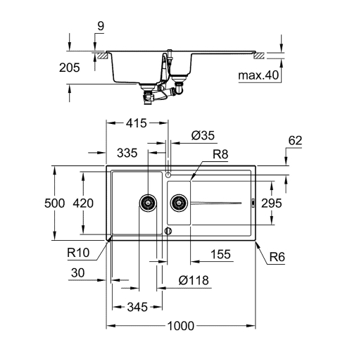 Grohe K400 Kuvars Komp. Eviye 60 -C 100/50, Granit Siyah-31642AP0 - 3