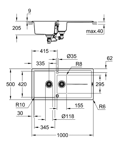 Grohe K400 Kuvars Komp. Eviye 60 -C 100/50, Granit Siyah-31642AP0 - 7
