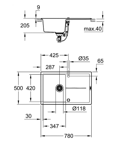 Grohe K400 Kuvars Kompozit Eviye 50 -C 78/50 , Granit Siyah Rengi - 31639AP0