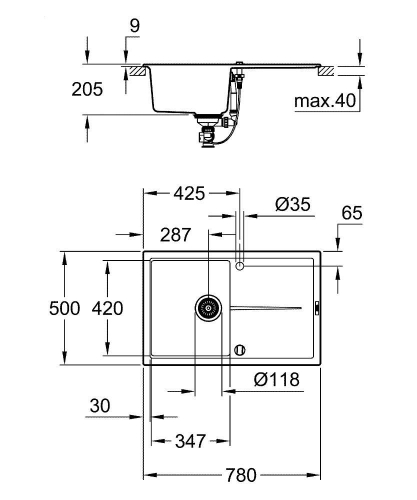 Grohe K400 Kuvars Kompozit Eviye 50 -C 78/50 , Granit Siyah Rengi - 31639AP0 - 6