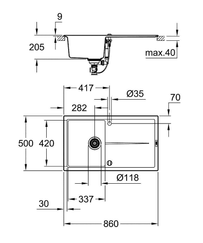 Grohe K400 Kuvars Kompozit Eviye 50 -C 86/50, Granit Siyah Rengi - 31640AP0 - 4