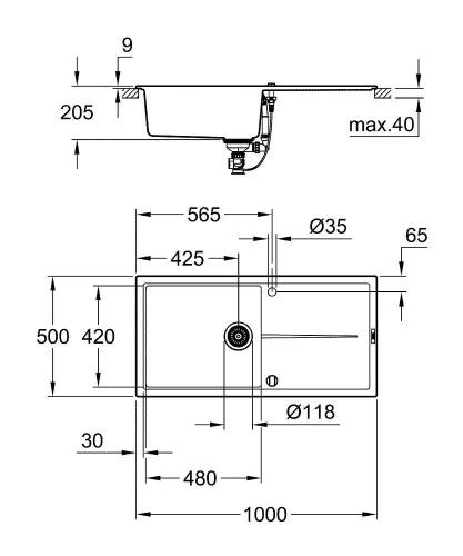 Grohe K400 Kuvars Kompozit Eviye 60 -C 100/50, Granit Siyah Rengi - 31641AP0 - 7