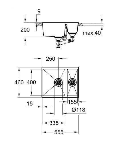 Grohe K500 Kuvars Kompozit 1,5 Göz Eviye 60 -C 55,5/46 Granit Siyah Rengi - 31648AP0 - Thumbnail