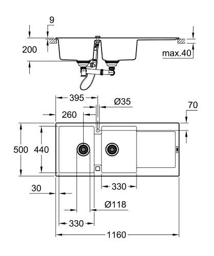 Grohe K500 Kuvars Kompozit Eviye 80 -C 116/50, Granit Gri Rengi - 31647AT0 - Thumbnail