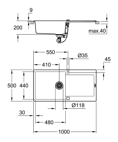 Grohe K500 Kuvars Kompozit Eviye 60 -C 100/50, Granit Siyah Rengi - 31645AP0 - Thumbnail
