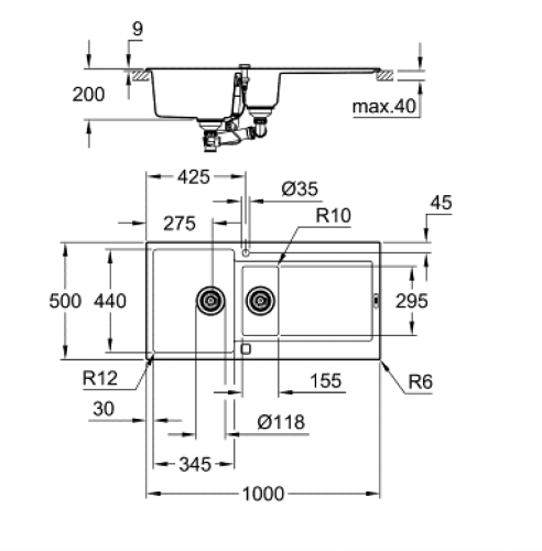Grohe K500 Kuvars Kompozit Eviye 60 -C 100/50, Granit Siyah Rengi - 31646AP0 - Thumbnail