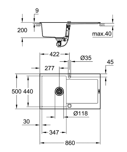 Grohe K500 Kuvars Kompozit Eviye 50 -C 86/50, Granit Siyah Rengi - 31644AP0 - Thumbnail