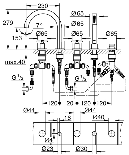 Grohe Küvet Bataryası 5 Delikli Atrio Krom - 19923003 - Thumbnail