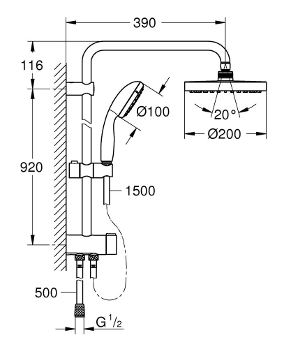 Grohe New Tempesta System 200 Duvar Bağlantılı, Divertörlü Duş Sistemi-26452001 - Thumbnail