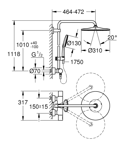 Grohe Rainshower Smartactive 310 Duvara Monte Termostatik Bataryalı Duş Sistemi - 26648000 - Thumbnail