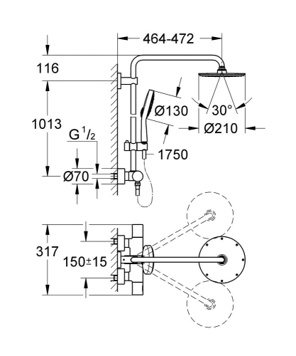 Grohe Rainshower System 210 Duvara Mmonte Termostatik Bataryalı Duş Sistemi-27967000 - Thumbnail