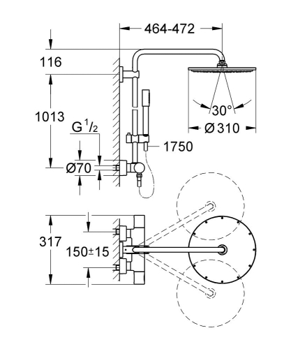 Grohe Rainshower System 310 Duvara Monte Termostatik Bataryalı Duş Sistemi-27966000 - Thumbnail
