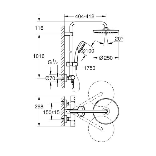 Grohe Tempesta Cosmopolitan System 250 Duvara Monte Termostatik Bataryalı Duş Sistemi - 26670000 - Thumbnail