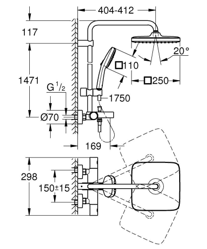 Grohe Tempesta System 250 Cube Duvara Monte Termostatik Bataryalı Duş Sistemi Krom - 26691001 - Thumbnail
