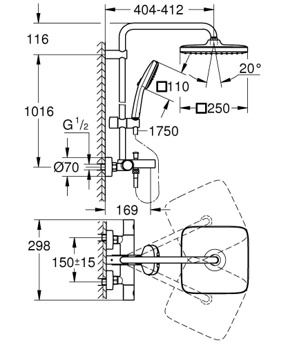 Grohe Tempesta System 250 Cube Duvara Monte Termostatik Bataryalı Duş Sistemi - 26975001 - Thumbnail