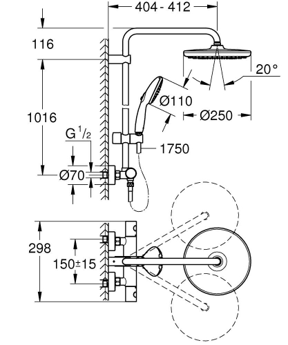Grohe Tempesta System 250 Duvara Monte Termostatik Bataryalı Duş Sistemi Mat Siyah - 266702431 - Thumbnail
