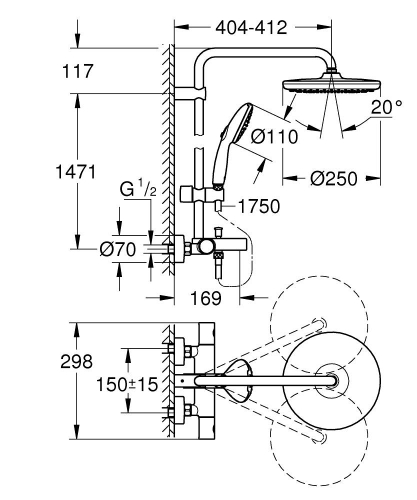 Grohe Tempesta System 250 Duvara Monte Termostatik Bataryalı Duş Sistemi Mat Siyah - 266722431 - Thumbnail