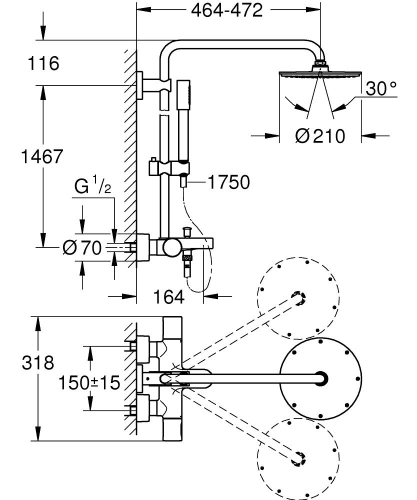 Grohe Rainshower System 210 Duvara Monte Termostatik Banyo Bataryalı Duş Sistemi 27641000 - Thumbnail